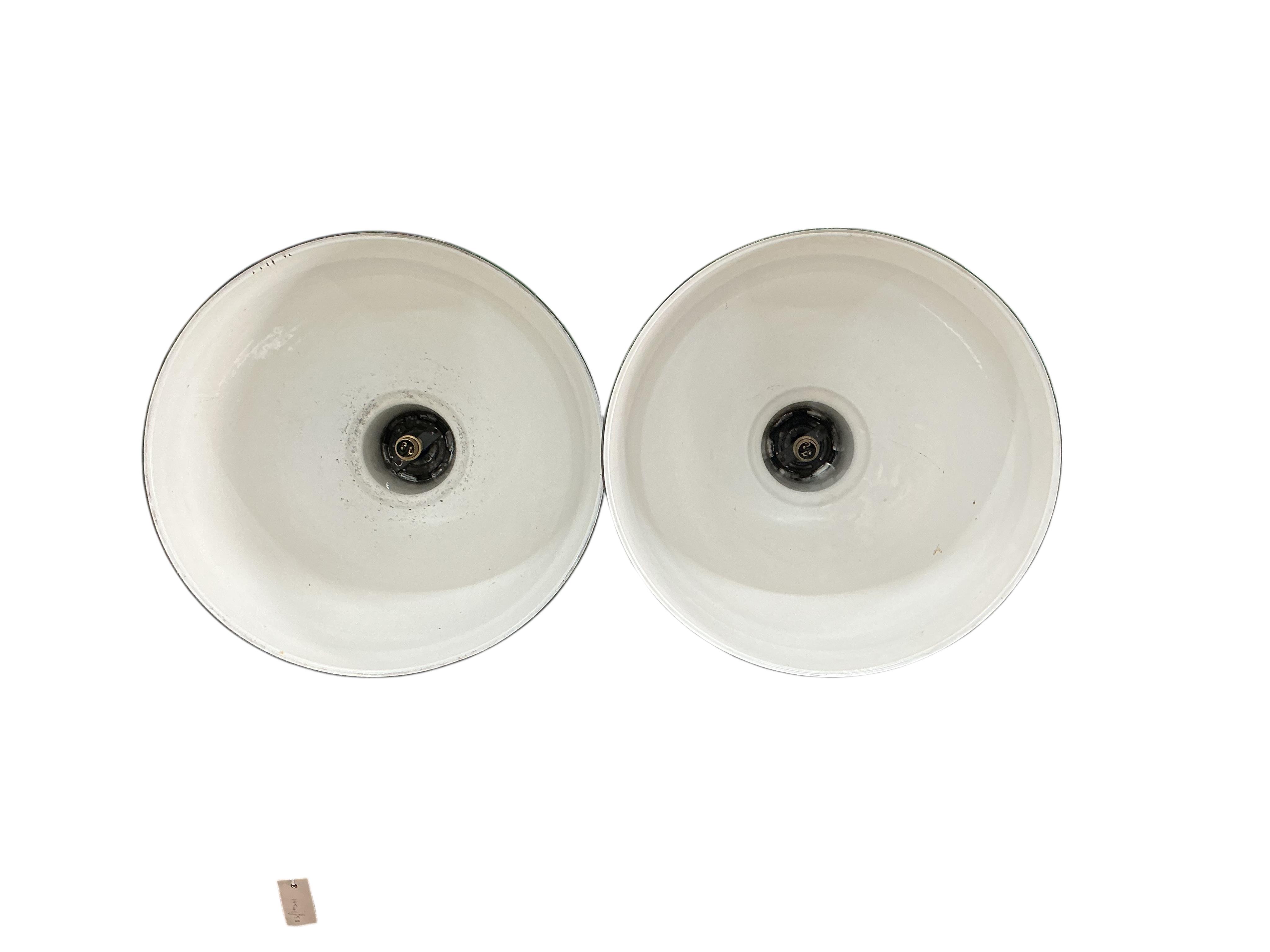 A pair of vintage green industrial style ceiling shades, diameter 48cm, height 40cm